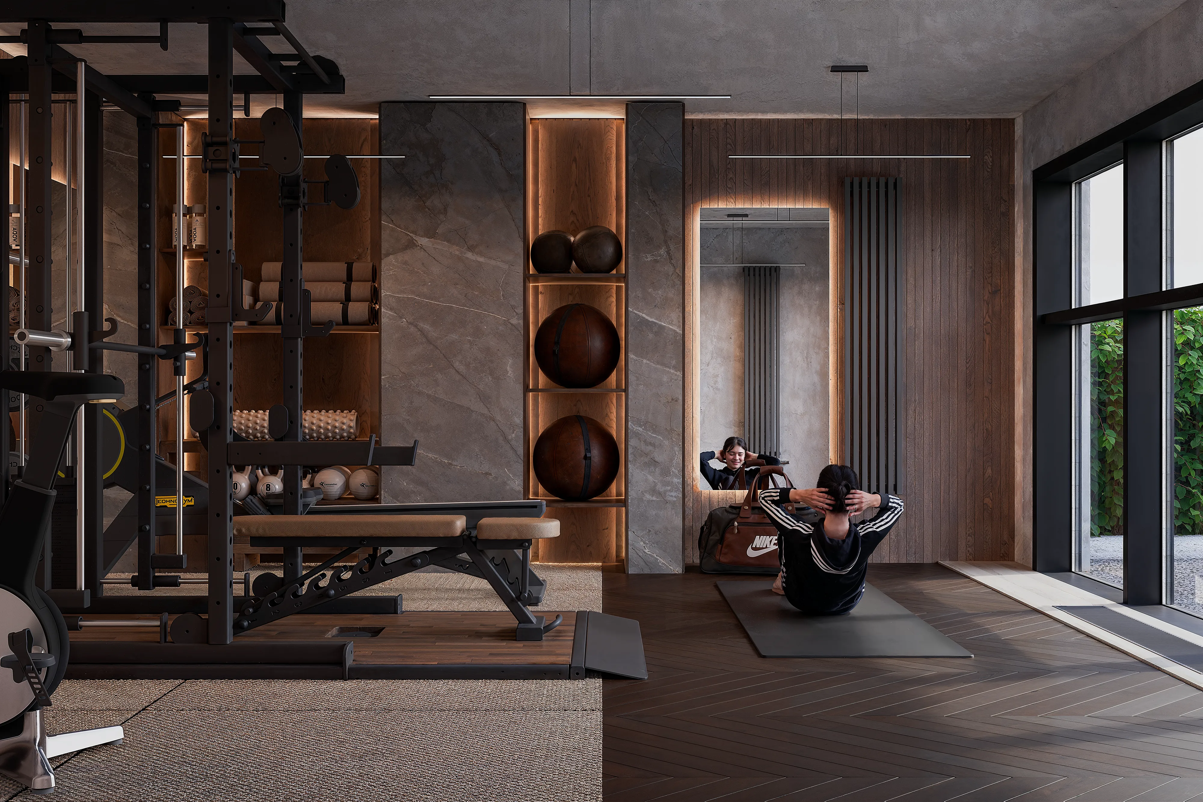 3D visualisation of a garage space remodeled into a personal gym featuring rich dark wood wall panelling