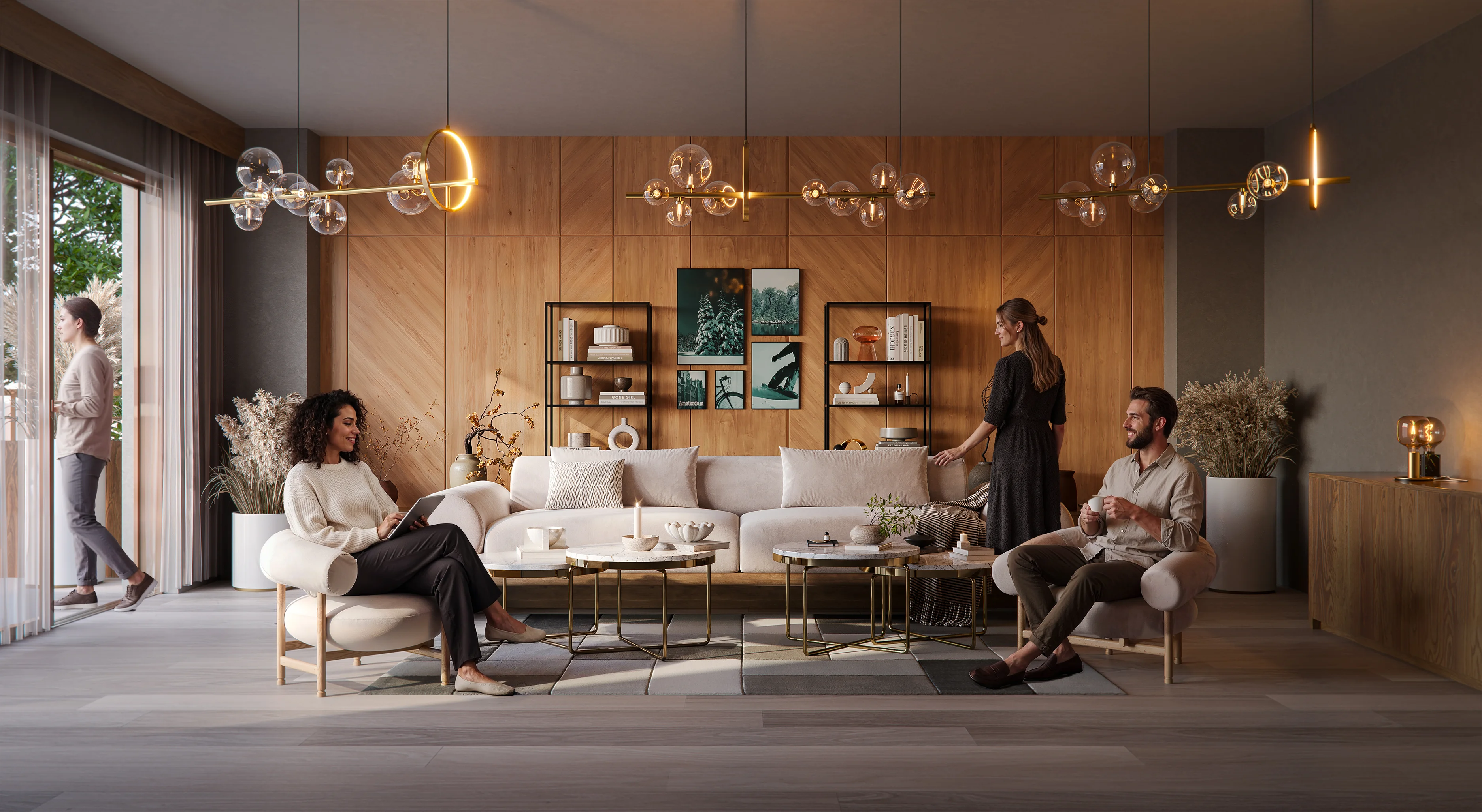 High end 3D interior rendering of an open plan luxury living room with custom timber flooring, designer sofa, and soft natural daylighting