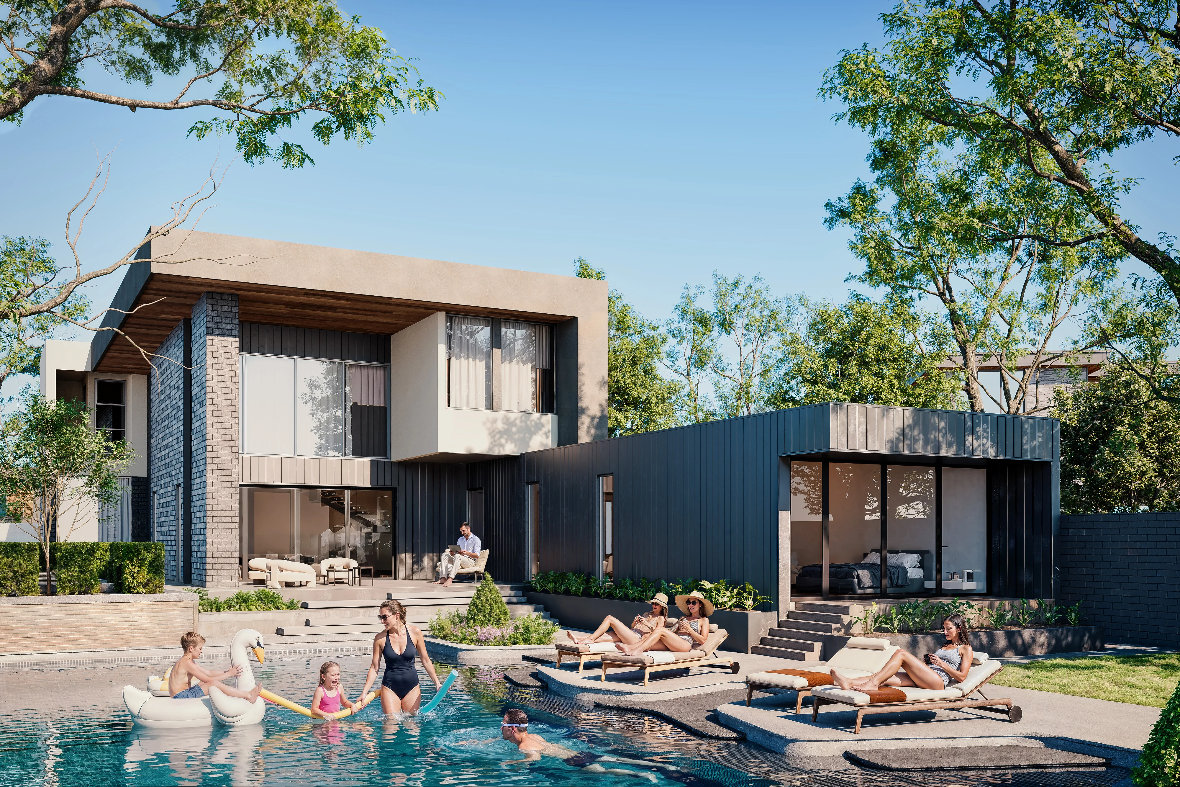 3D architectural visualisation of a luxury summer mansion with a glowing swimming pool and strong structural design at mid day