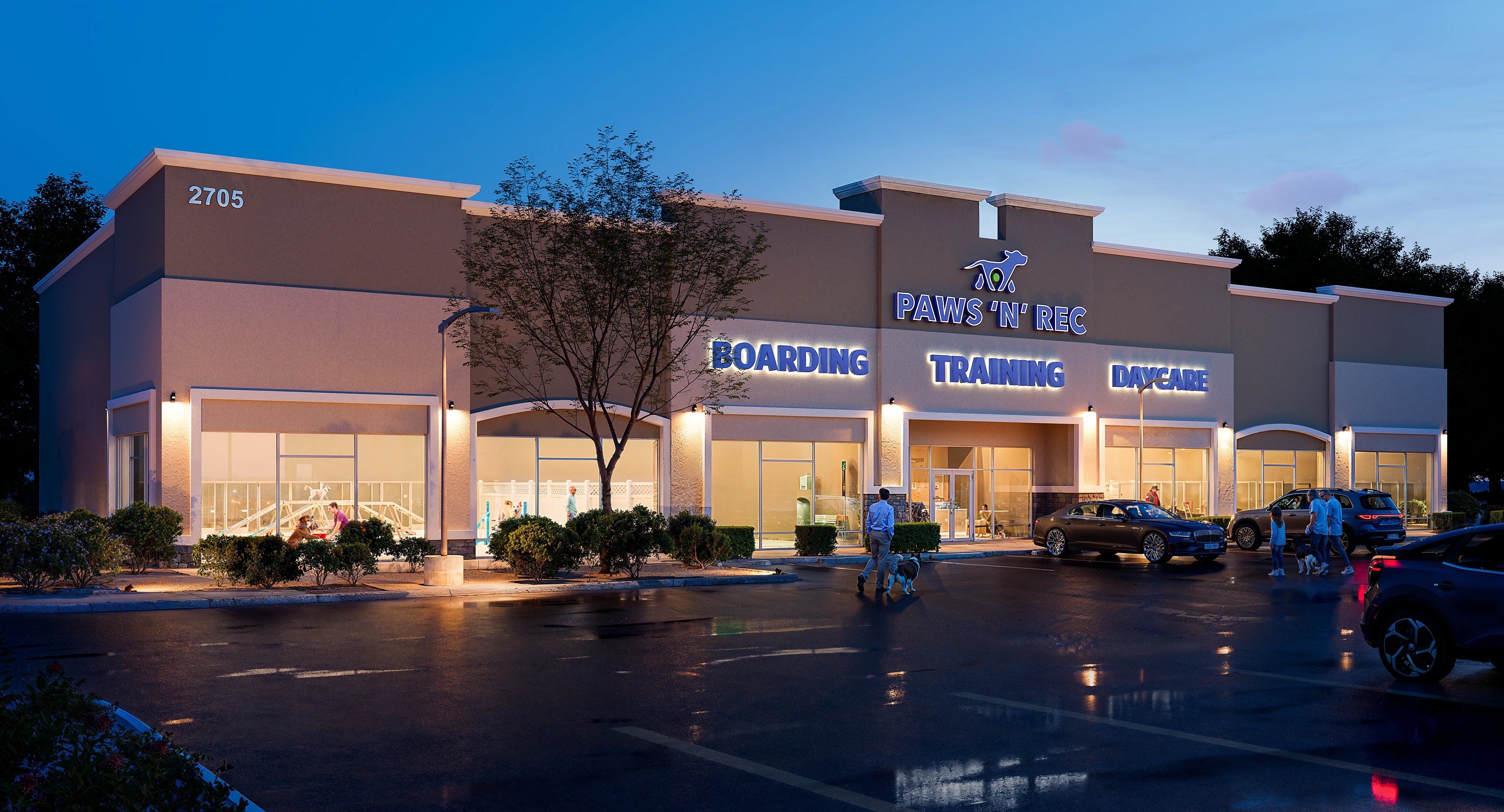 Photorealistic exterior CGI of Paws N' Rec, a pet boarding, training and daycare commercial retail unit, nighttime render