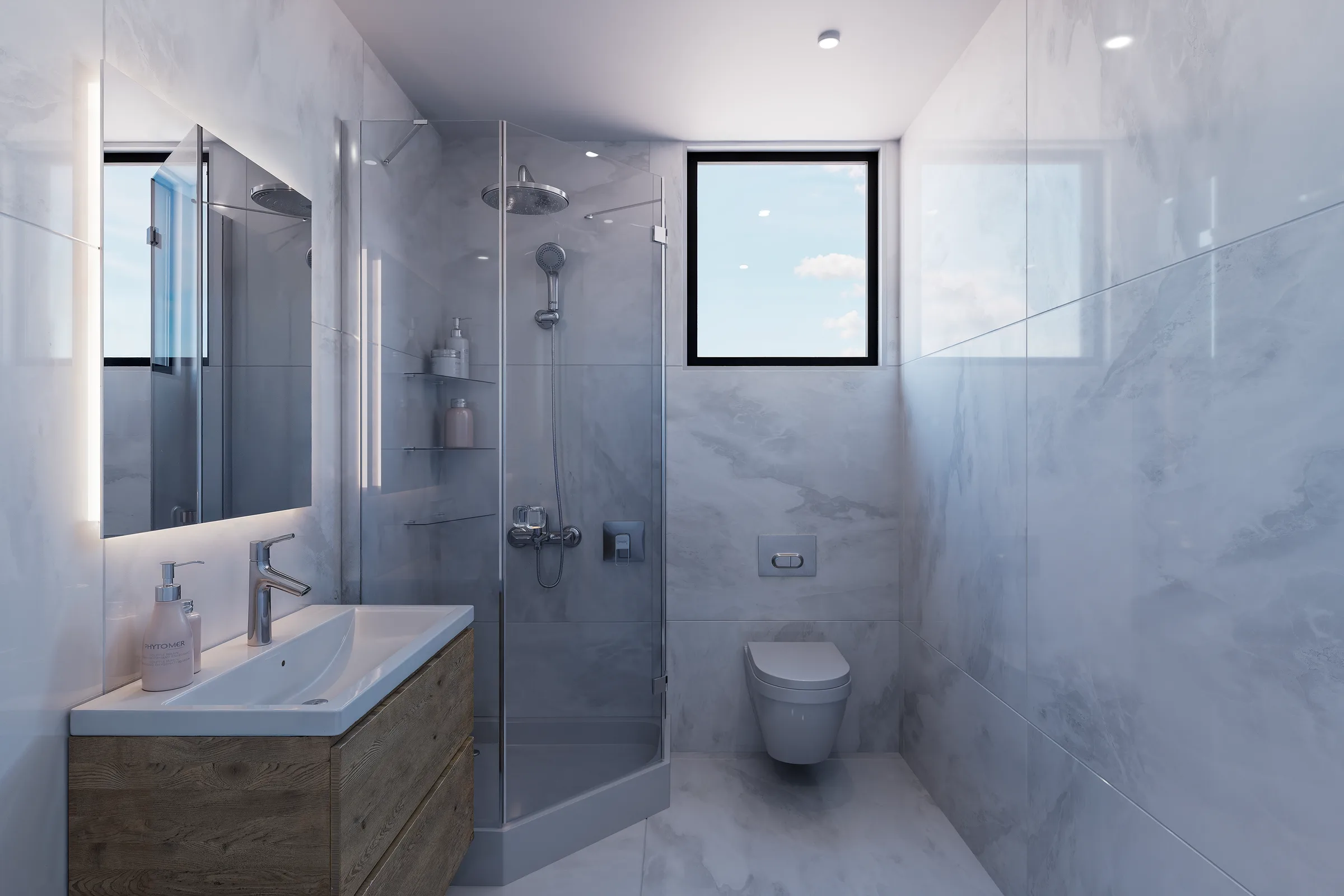Photorealistic CGI of a compact marble ensuite bathroom with glass shower enclosure and floating vanity